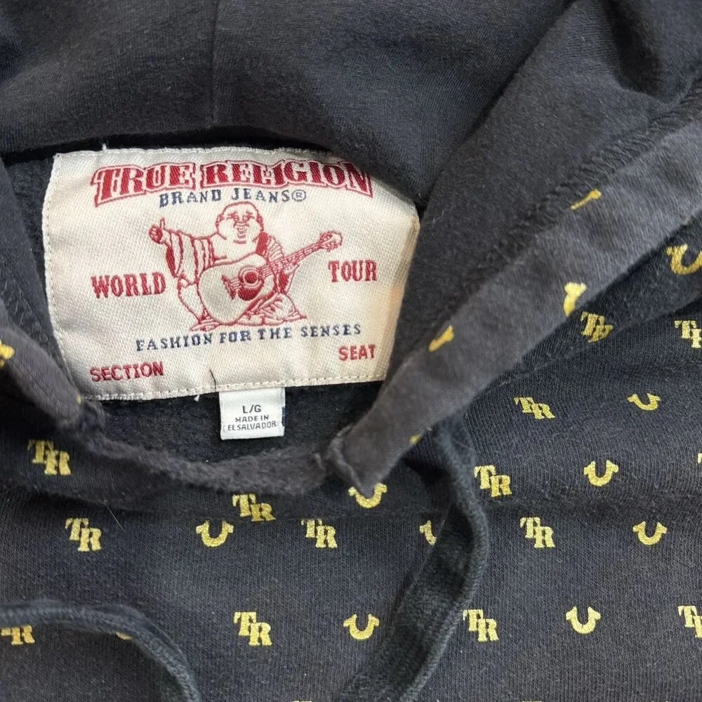 True Religion Monogram Pullover Hoodie Black Gold All Over Horseshoe Logo Mens L